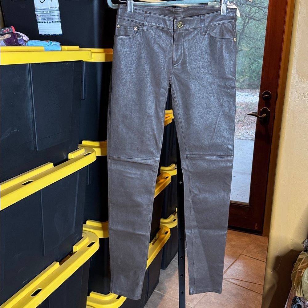 NWT MICHAEL MICHAEL KORS Straight-Leg Lamb Leather Pants Chocolate Brown Size 2 - Picture 4 of 16